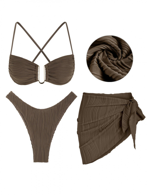 Women Three-Pieces U Metal Criss Cross High Leg Bikini Set With Beach Sarong 3PC Textured Swimwear Deep coffee