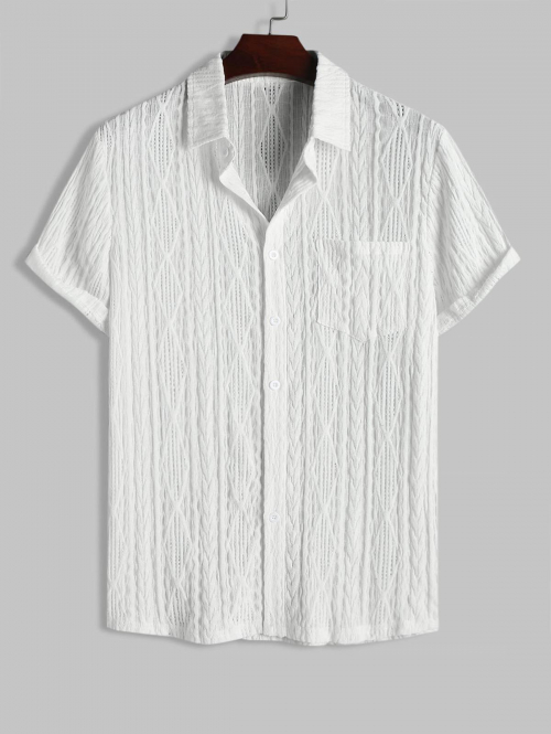 ZAFUL Men's ZAFUL Solid Color Textured See-through Openwork Short Sleeves Shirt Xl White