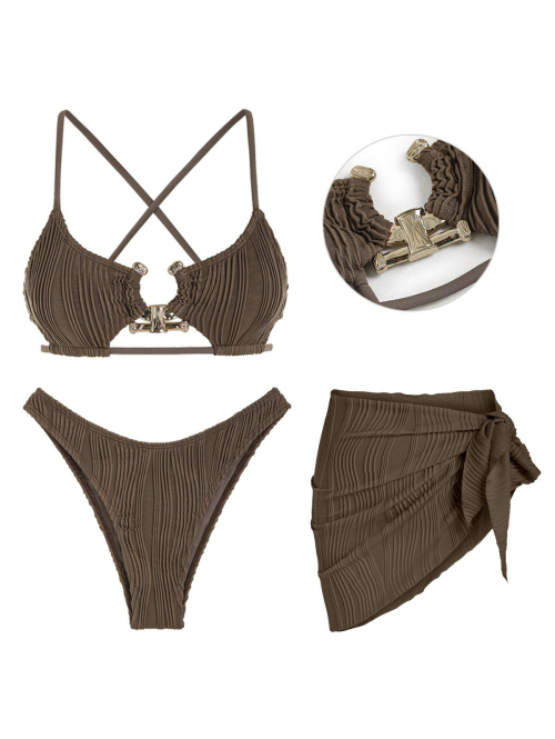 Women Three-Pieces Women's 3PC Set Swimwear Metal O Ring Spaghetti Strap Cut Out Criss Cross Textured High Leg Cheeky Bikini Set Tie Side Beach Sarong