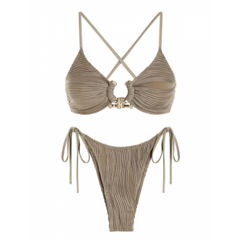 ZAFUL Women's Metal Ring Decor Textured Criss Cross Back Tied Side Tanga Bikini Set Two Piece Swimwear M Light coffee