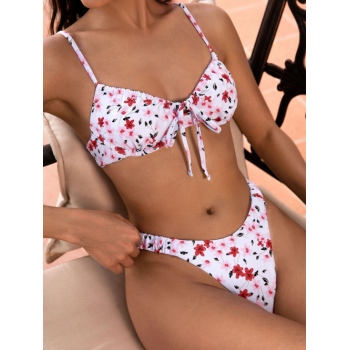 ZAFUL Floral Print Underwire Tied Thong Bikini Swimwear L White