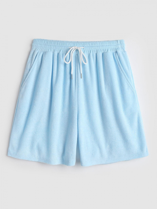 ZAFUL Men's Solid Color Terry Cloth Textured Drawstring Casual Shorts M Light blue