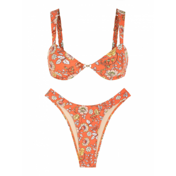 ZAFUL Women's Allover Floral Print Rhinestone Metal Decorated High Leg Two Piece Bikini Swimwear M Orange