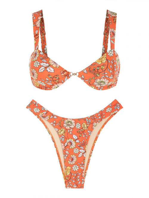 ZAFUL Women's Allover Floral Print Rhinestone Metal Decorated High Leg Two Piece Bikini Swimwear M Orange