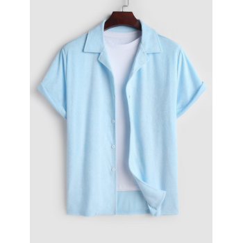 ZAFUL Men's ZAFUL Men's Solid Color Lapel Collar Terry Cloth Textured Button Front Short Sleeves Shirt Xxl Light blue