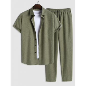 ZAFUL Men's ZAFUL Men's Marled Short Sleeves Button Front Shirt and Drawstring Pants Set M Deep green