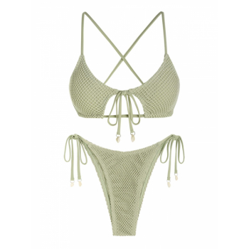 ZAFUL Women's Spaghetti Strap Criss Cross Tie Cut Out Fishnet Shell Decor Star Shaped Tie Side Tanga String Two Piece Bikini Swimwear L Light green