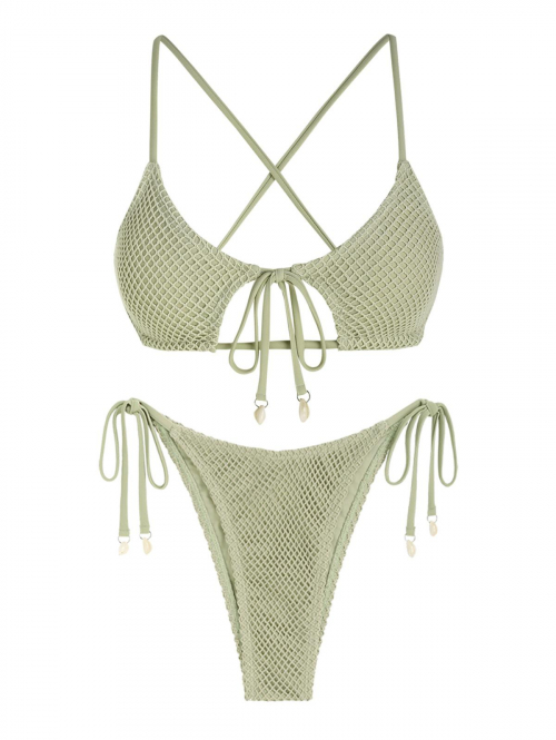 ZAFUL Women's Spaghetti Strap Criss Cross Tie Cut Out Fishnet Shell Decor Star Shaped Tie Side Tanga String Two Piece Bikini Swimwear L Light green