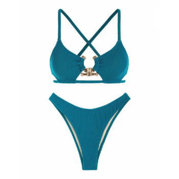 ZAFUL Women's Cut Out Criss Cross Textured Metal Hardware O Ring High Leg Cheeky Bikini Set Swimwear L Blue