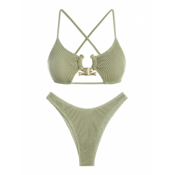 ZAFUL Women's Cut Out Criss Cross Textured Metal Hardware O Ring High Leg Cheeky Bikini Set Swimwear M Light green