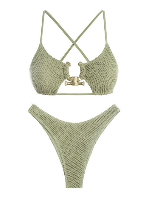 ZAFUL Women's Cut Out Criss Cross Textured Metal Hardware O Ring High Leg Cheeky Bikini Set Swimwear M Light green