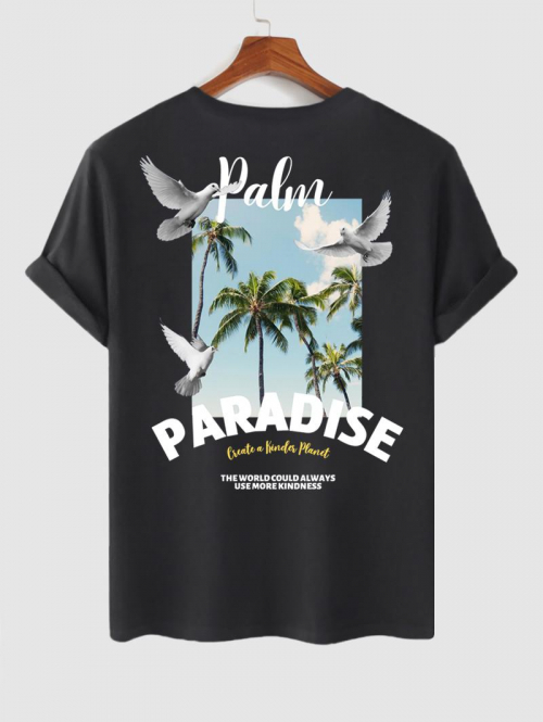 ZAFUL Men's Men's Coconut Tree Letter Peace Doves Pattern Summer Vacation Short Sleeves Crew Neck T-shirt M Black