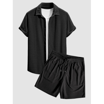 ZAFUL Men's Textured Terry Cloth Jacquard Short Sleeves Shirt and Sweat Shorts Set Black