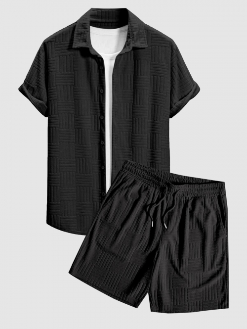 ZAFUL Men's Textured Terry Cloth Jacquard Short Sleeves Shirt and Sweat Shorts Set Black