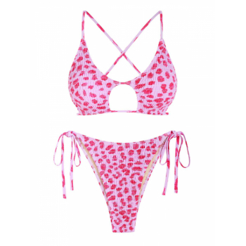 ZAFUL Shirred Smocked Animal Print Tie Side Criss Cross Star-shaped Bikini Swimwear L Light pink