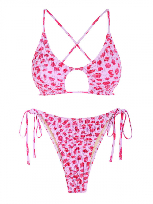 ZAFUL Shirred Smocked Animal Print Tie Side Criss Cross Star-shaped Bikini Swimwear L Light pink