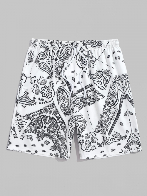 Men's Beach Vacation Ethnic Paisley Floral Patchwork Scarf Print Drawstring Pocket Bermuda Shorts S White