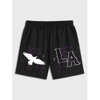 Letter LA Eagle Graphic Printed Drawstring Casual Shorts M Black