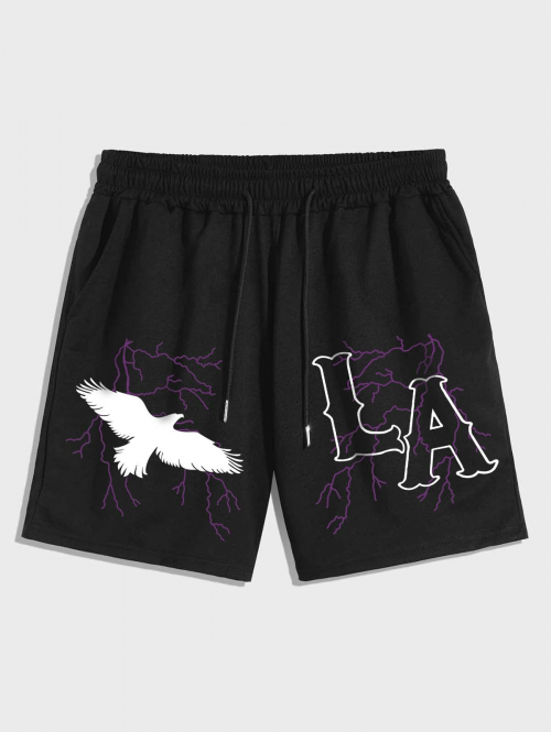 Letter LA Eagle Graphic Printed Drawstring Casual Shorts M Black