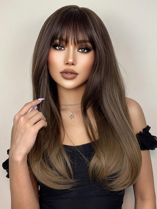 zaful Brown Gradient Color with Bang Long Layered Straight Hair Synthetic Wig