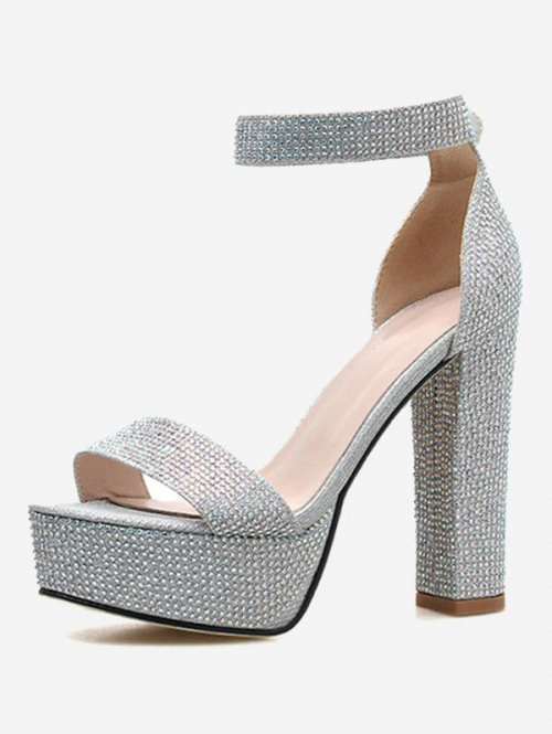 Women Sparkly Rhinestone Platform Chunky Heel Ankle Strap Sandals