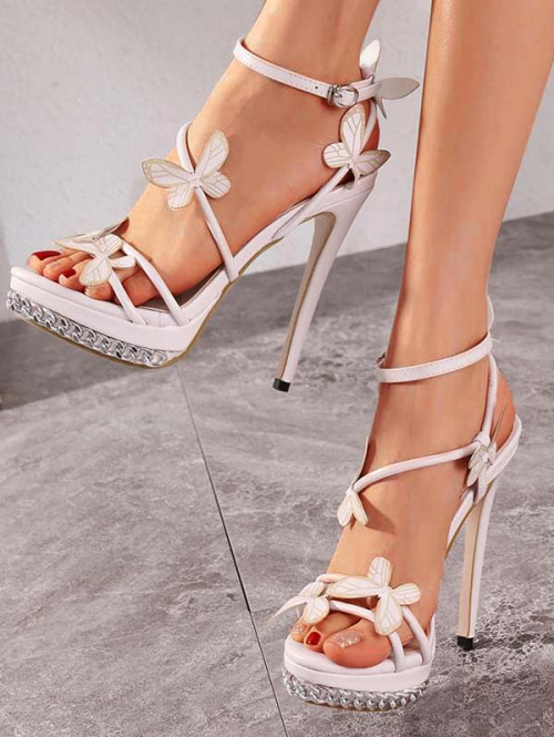 Women Chain Embellished Butterfly Applique Platform Stiletto Heel Sandals