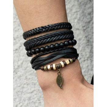 4Pcs Multi-layered Beading Faux Leather Braided Cord Bracelet