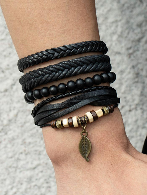 4Pcs Multi-layered Beading Faux Leather Braided Cord Bracelet