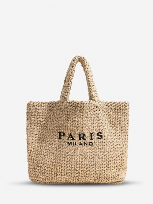 PARIS Embroidered Handmade Raffia Braid Beach Tote Bag