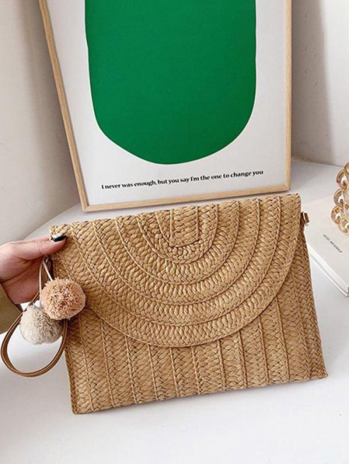 Pompoms Straw Raffia Flap Beach Vacation Crossbody Clutches Bag