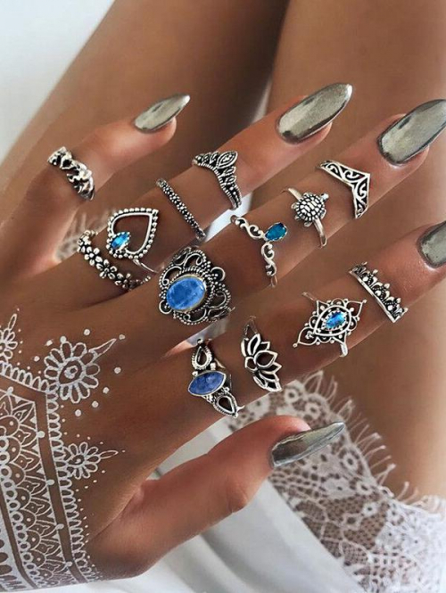 13Pcs Turtle Heart Elephant Shape Crystal Rings Set