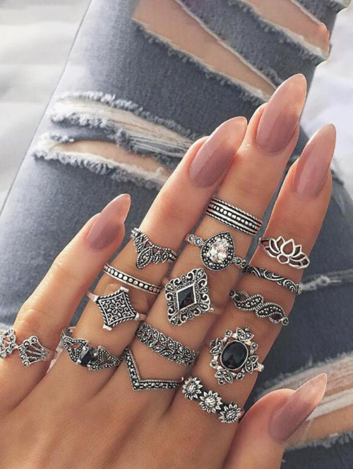 15Pcs Cut Out Flower Shape Rhinestones Rings Set