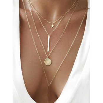 Star Bar Circle Pendant Layered Necklace For Women