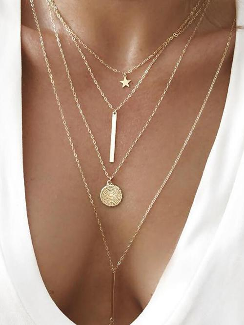 Star Bar Circle Pendant Layered Necklace For Women