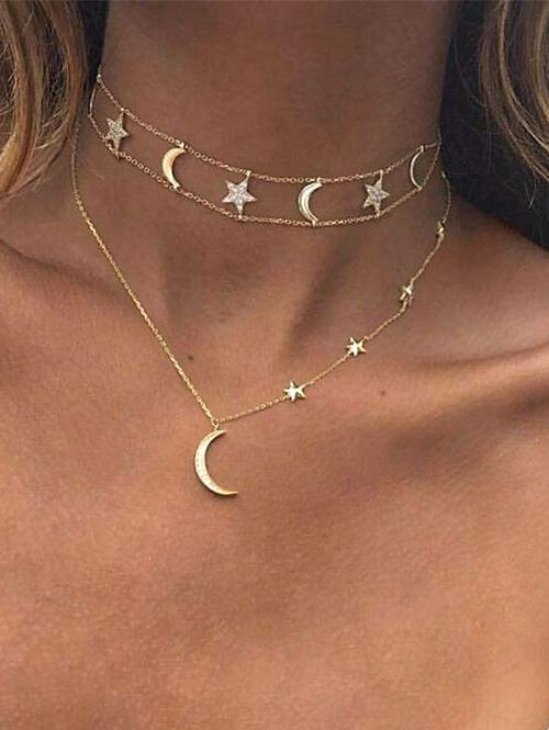 2Pcs Star Moon Pendant Layered Necklaces For Women