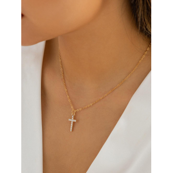 Rhinestones Metal Chain Cross Pendant Necklace For Women