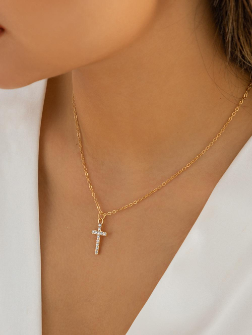 Rhinestones Metal Chain Cross Pendant Necklace For Women