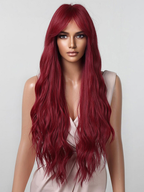 zaful Fluffy Wavy Wine Red Middle Part Synthetic Long Wig