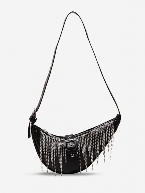 Embossed Buckle Diamante Fringed Shoulder Bag