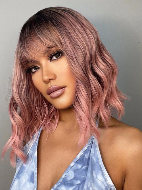 zaful Pink Ombre Color See-through Bangs Shoulder-length Synthetic Wig