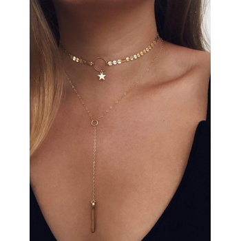 Sequined Star Bar Pendant Layered Lariat Necklace For Women