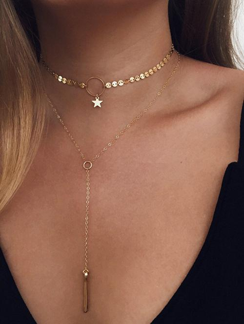 Sequined Star Bar Pendant Layered Lariat Necklace For Women