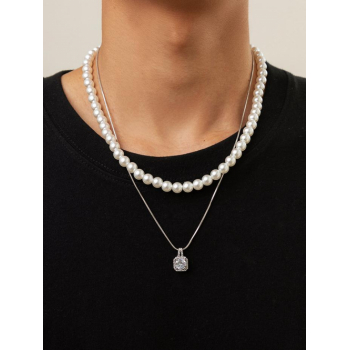 2Pcs Zircon Faux Pearl Layered Necklaces