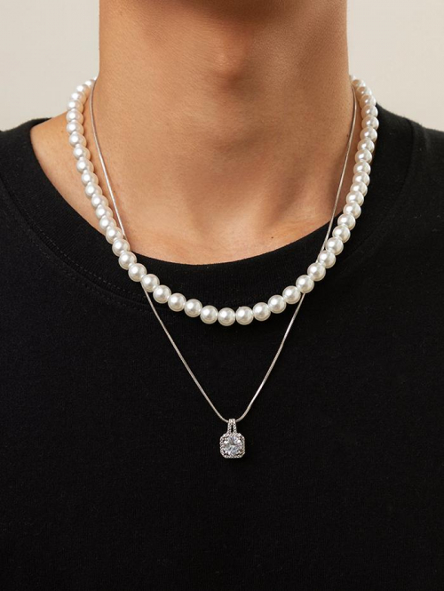 2Pcs Zircon Faux Pearl Layered Necklaces