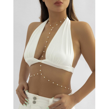 Fashion Women Women's Beach Vacation Bikini Faux Pearls Beading Detail Metal Halter Body Chain