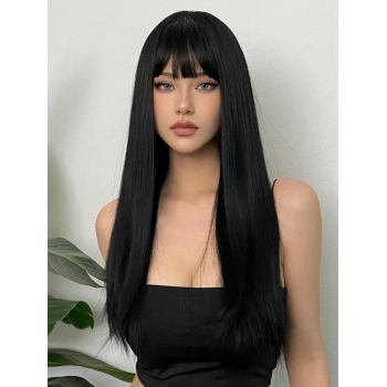 zaful Women's Black See-through Bangs Long Silky Straight Synthetic Wig