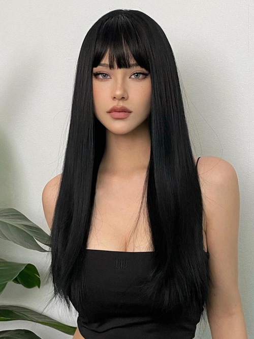 zaful Women's Black See-through Bangs Long Silky Straight Synthetic Wig