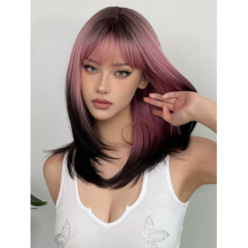 zaful Women's Pink Gradient Black See-through Bangs Shoulder-length Straight Synthetic Wig