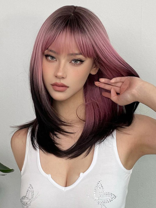 zaful Women's Pink Gradient Black See-through Bangs Shoulder-length Straight Synthetic Wig