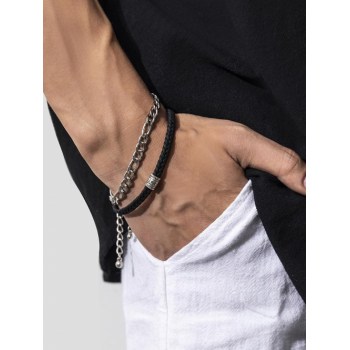 2Pcs Double Layered Metal Chain Braided Cord Charm Bracelet for Men and Women